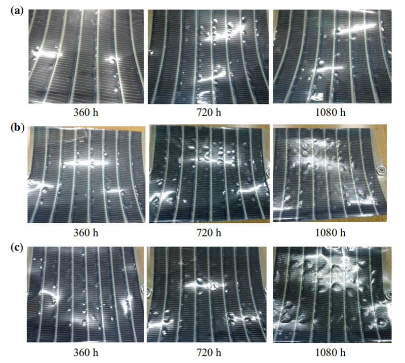 隨著在QUV紫外老化試驗(yàn)箱中進(jìn)行老化測(cè)試時(shí)間的推移，OSCs產(chǎn)生氣泡狀和顏色發(fā)生變化