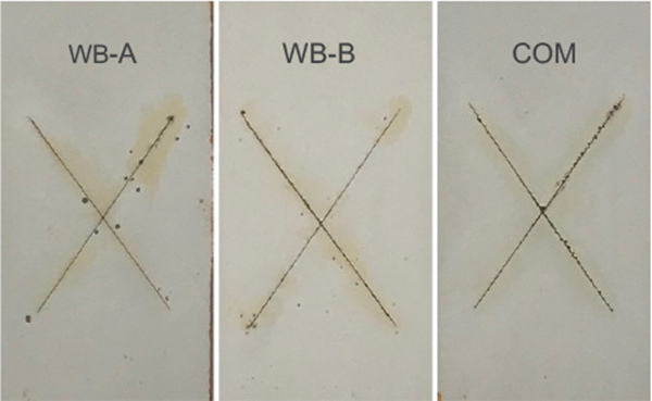 圖 7顯示了 MC #1、MC #2 和 MC #3 系統(tǒng)在鹽霧試驗(yàn)約 1000 小時(shí)后和使用 800 粒度砂紙去除表面銹跡后的面板圖像