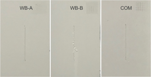圖 9分別顯示 2018 小時(shí)、1852 小時(shí)和 2018 小時(shí)鹽霧試驗(yàn)后 MC #1、MC #2 和 MC #3 系統(tǒng)在鋁合金 AA 2024 T3 基板上的面板圖像。